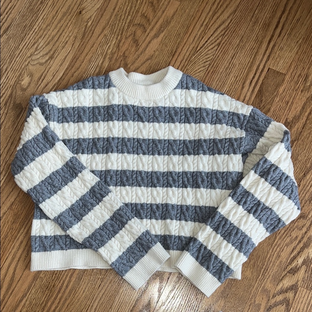Zara Blue and White Striped Crew Neck Sweater